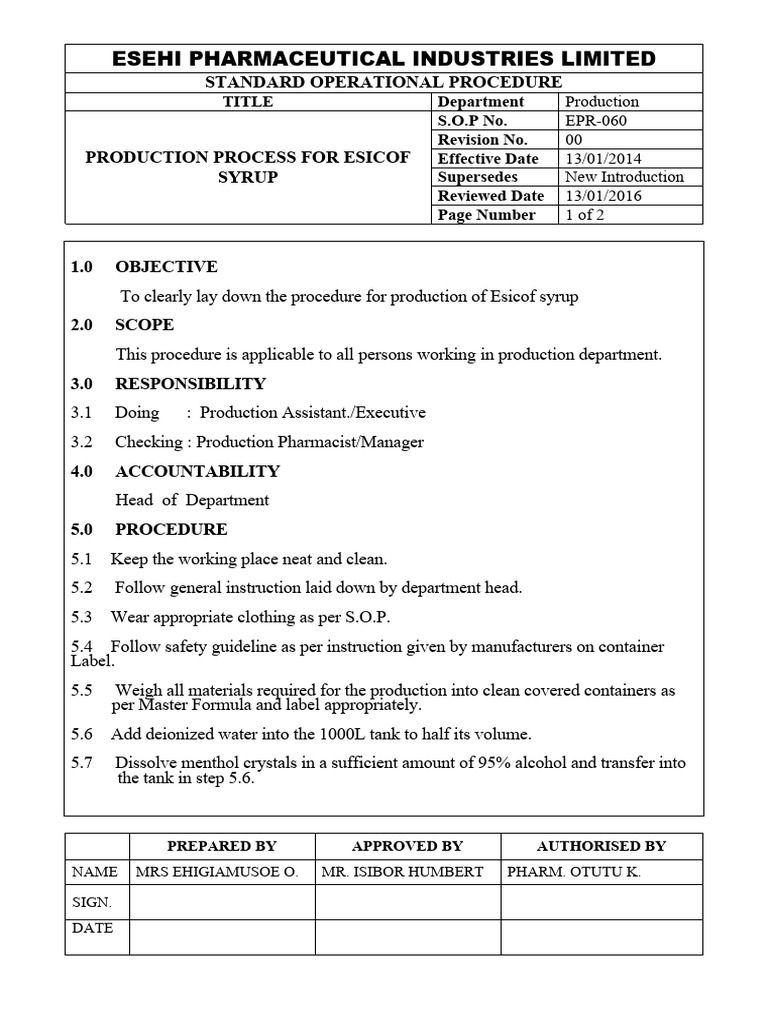Esicof Syrup Production SOP Guide | PDF | Chemistry