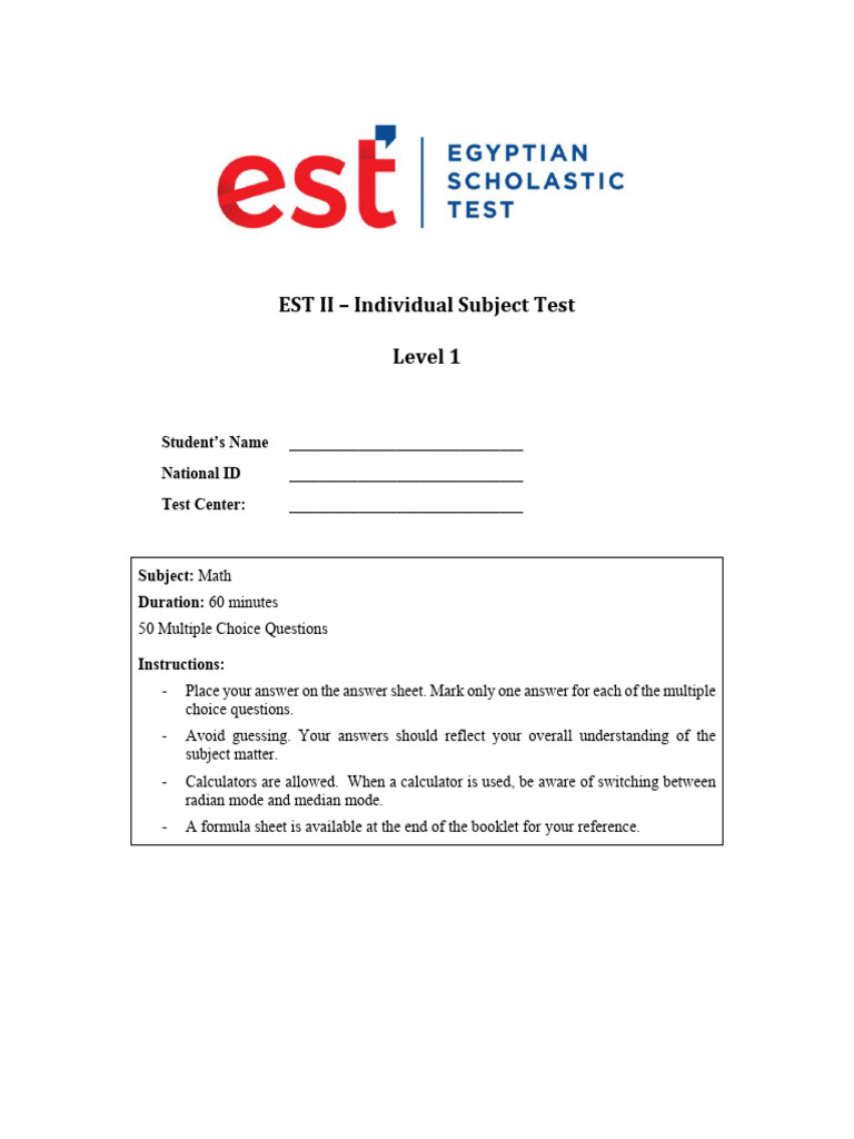 EST II - Math Level 1 - December 2020 | PDF | Sphere | Area
