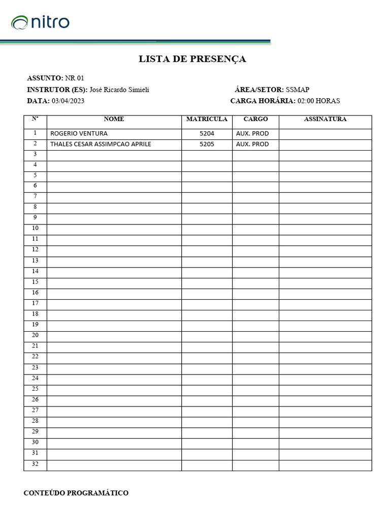 Lista de Presença - NR 01 SSMAP | PDF