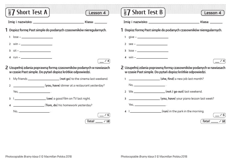 Brainy Klasa 5 ćwiczenia Online Brainy 5 Short Tests Unit 7 Lesson 4 | PDF