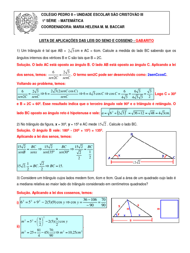Exercícios Resolvidos - Lei Dos Senos e Cossenos | PDF | Triângulo ...