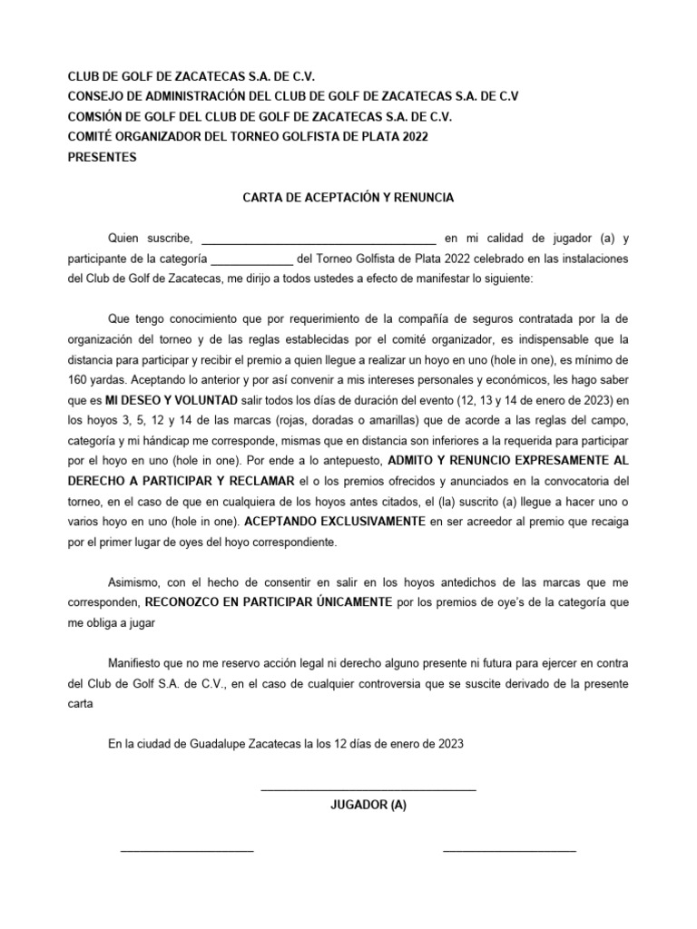 Renuncia de premios hole in one pdf