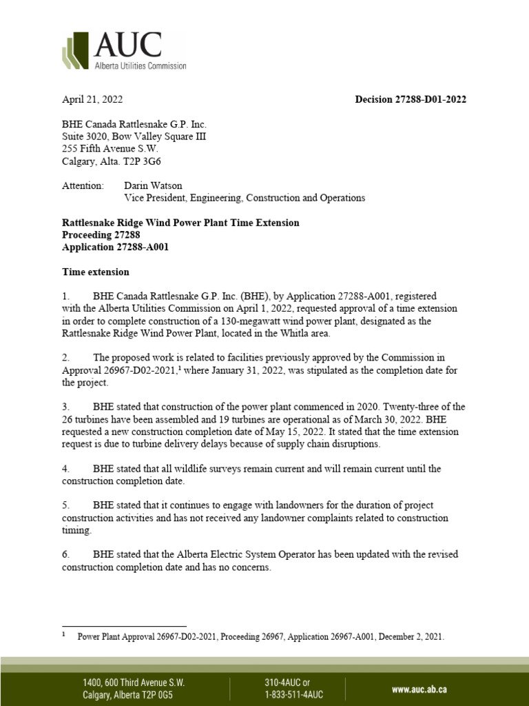 X Decision 27288D012022 Rattlesnake Ridge Wind Power Plant Time
