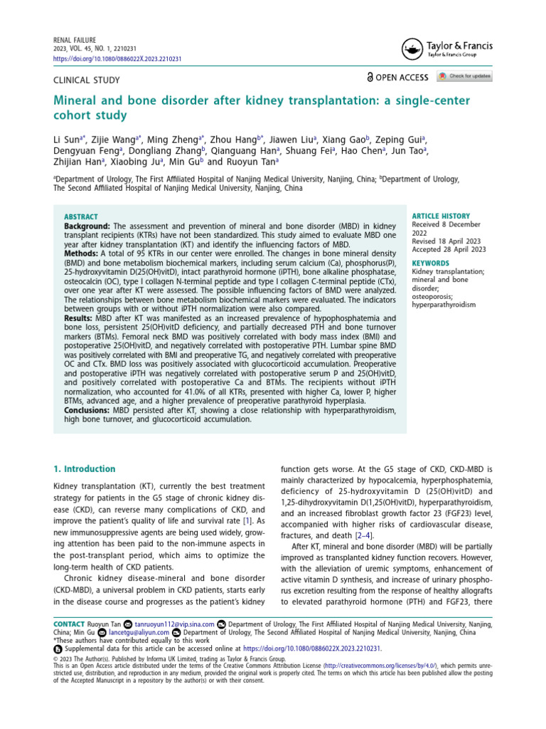 Mineral and Bone Disorder Post-Kidney Transplant | PDF | Chronic Kidney ...