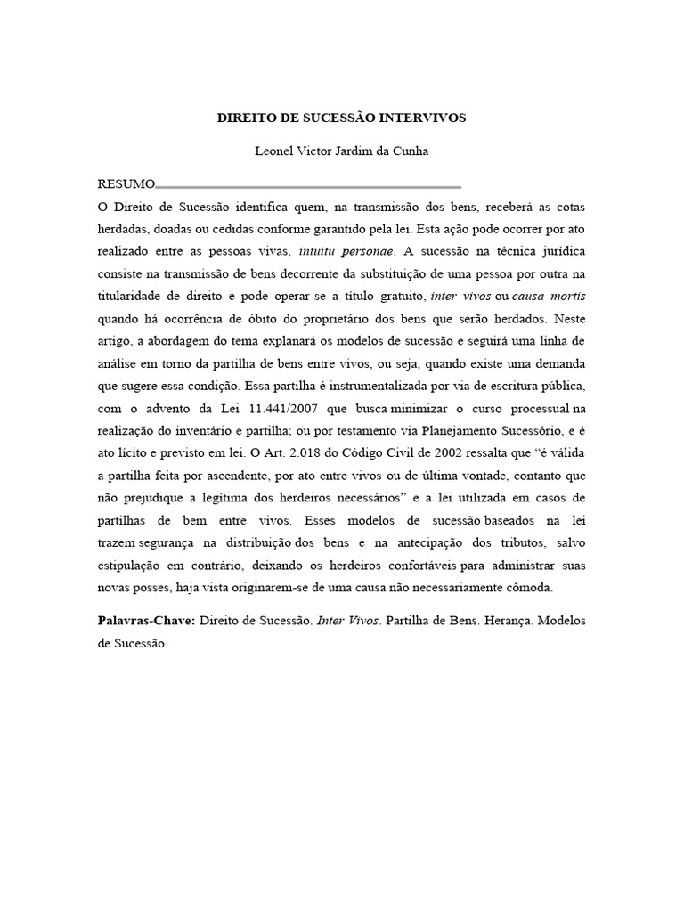 Artigo Leonel - Direito de sucessão -Partilha de Bens Entre Vivos | PDF ...