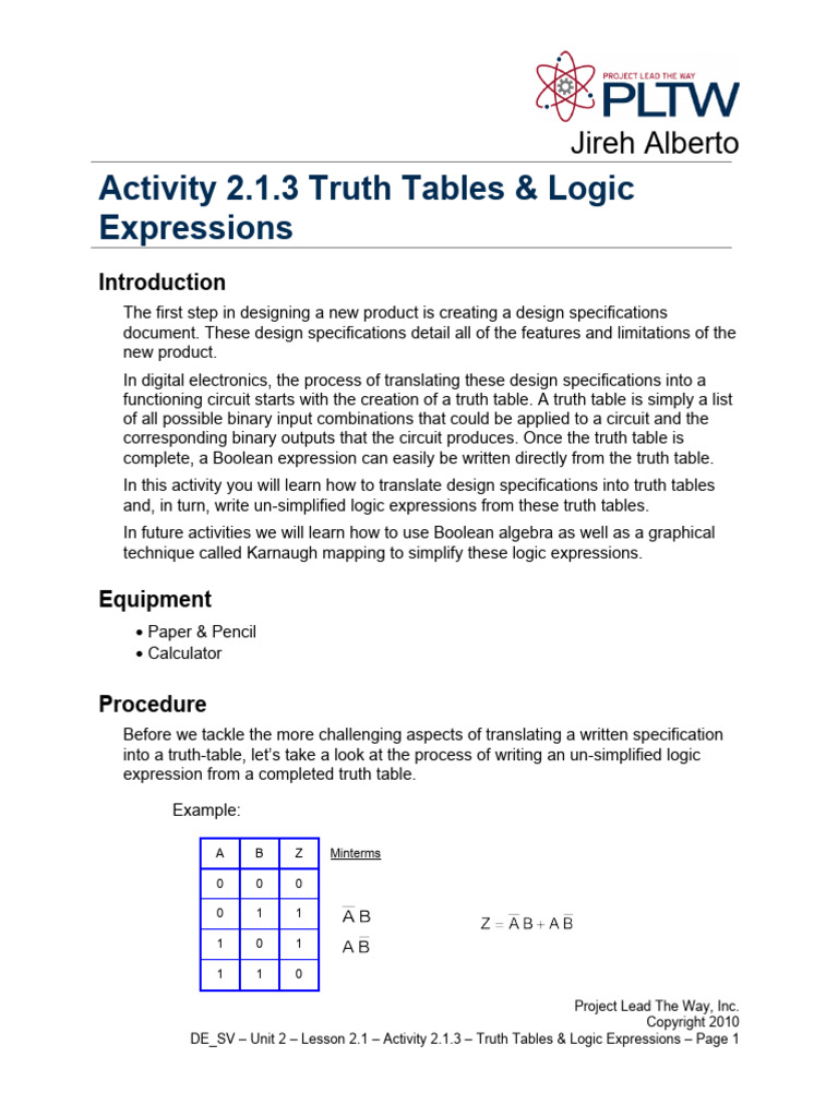 Activity 2.1.3 Truth Tables & Logic Expressions: Jireh Alberto | PDF ...