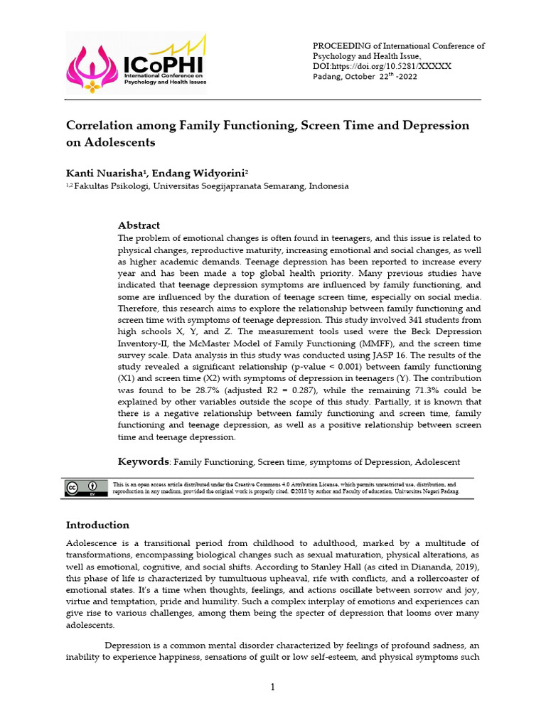 Family Functioning, Screen Time & Adolescent Depression | PDF ...