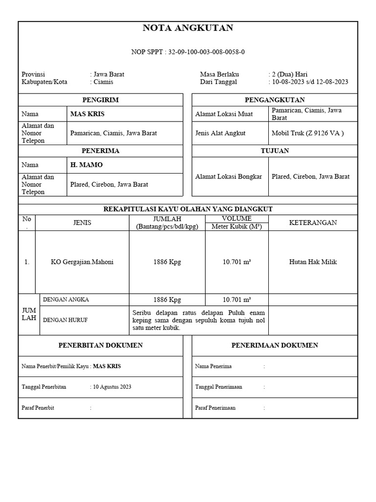 Nota Angkutan Kayu Olahan Ciamis | PDF