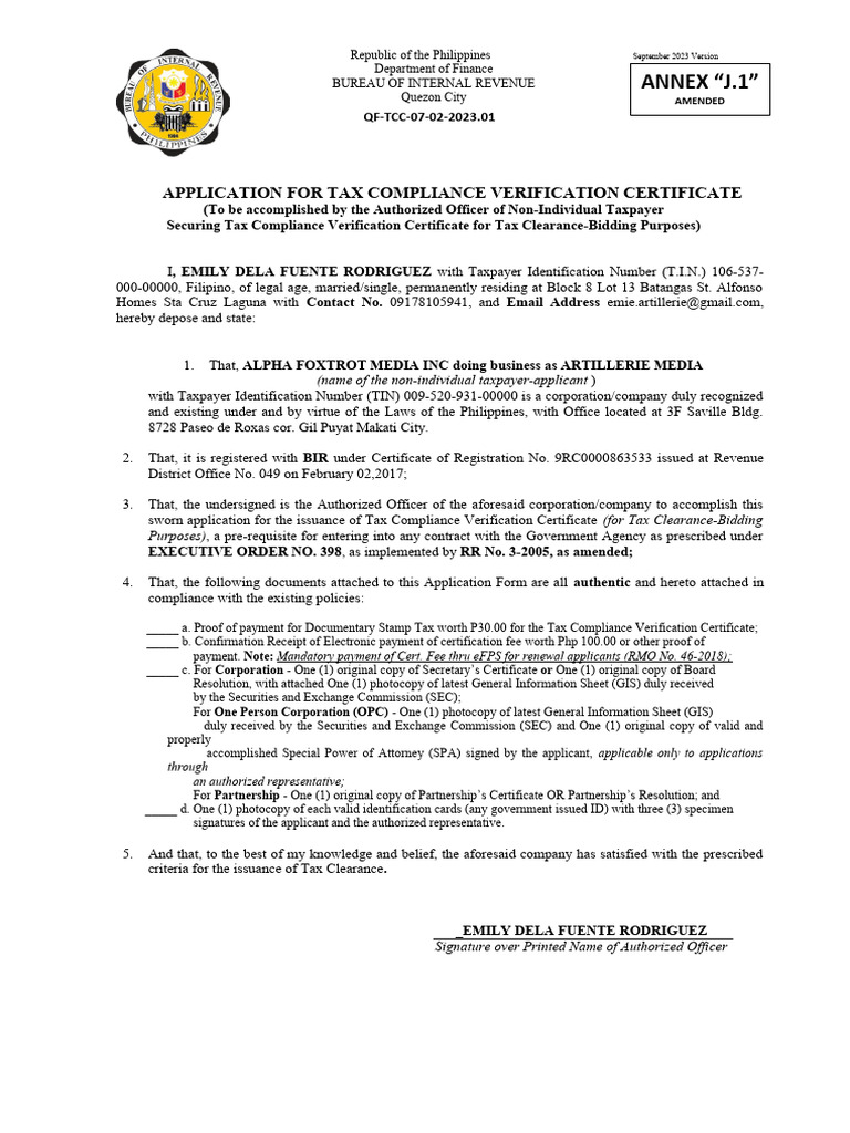 Application For Tax Compliance Verification Certificate Non Individual