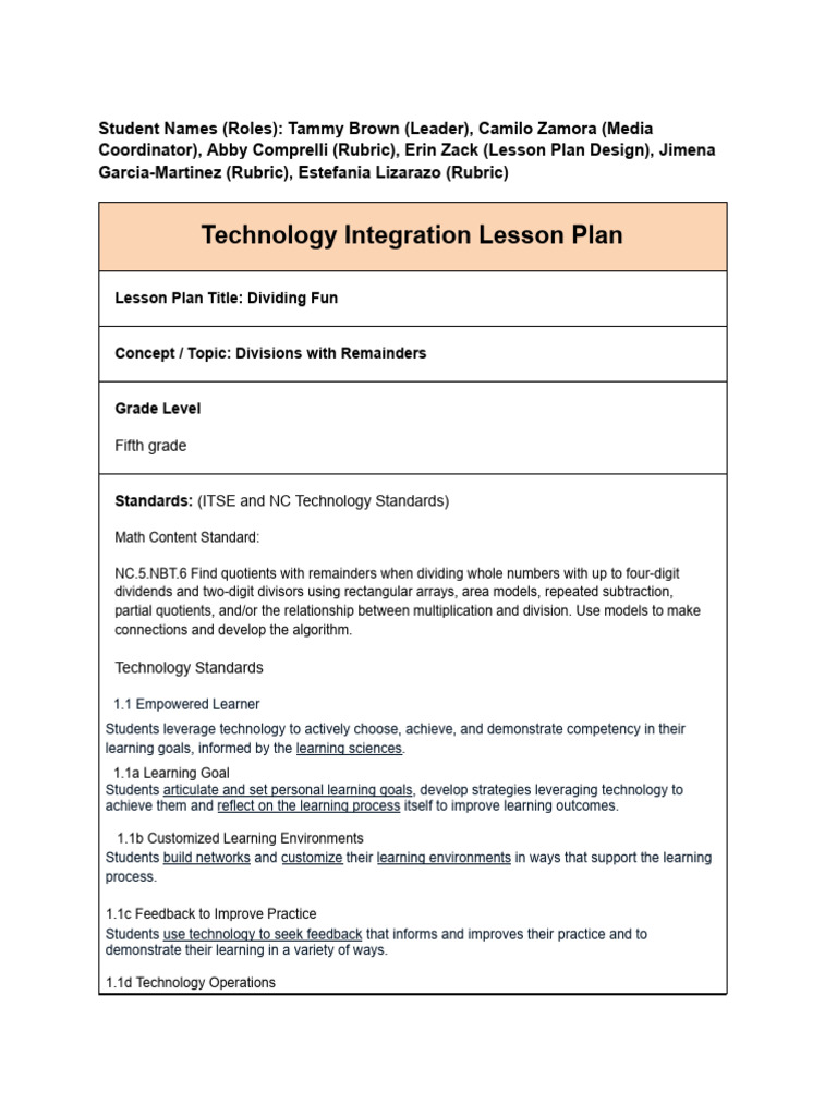 technology integration lesson plan | PDF | Division (Mathematics ...