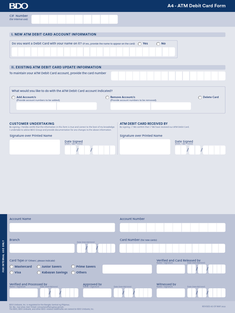 BDO ATM Debit Card Application Form | PDF | Debit Card | Computing