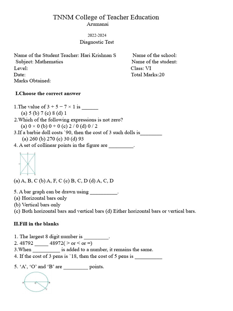 Diagnostic test maths hks pdf