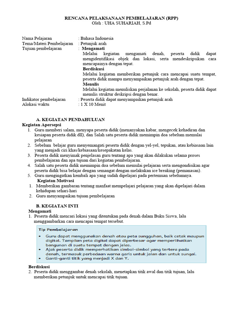 RPP Bahasa Indonesia: Petunjuk Arah | PDF
