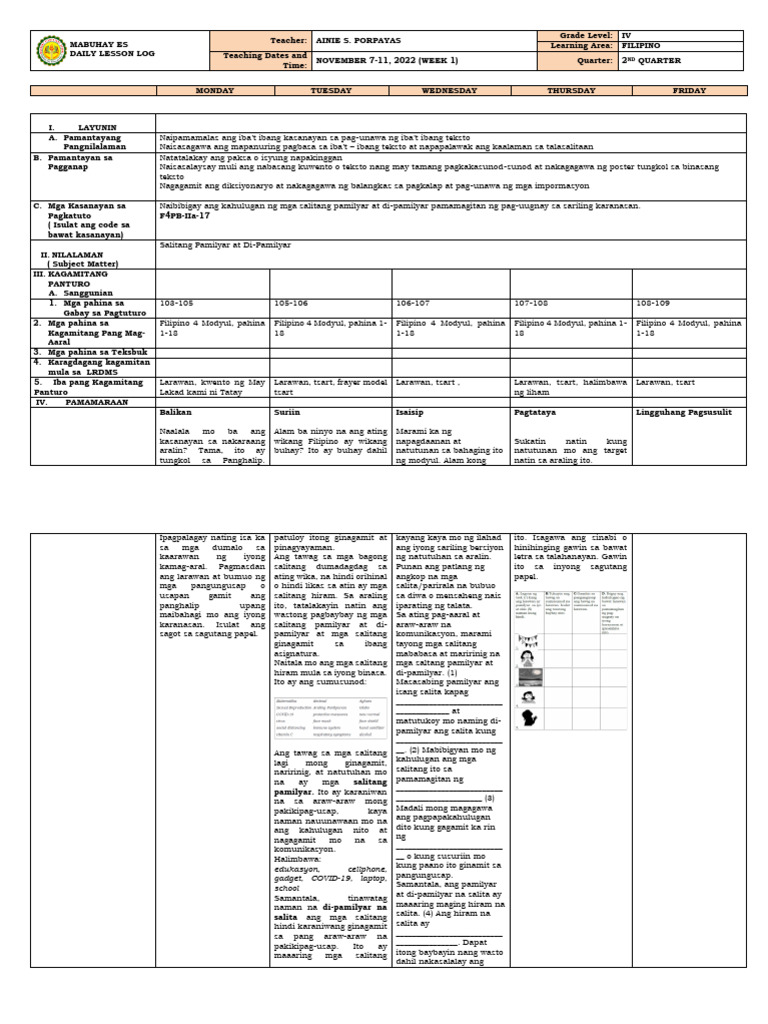 DLL - Filipino 4 - Q2 - W1 | PDF