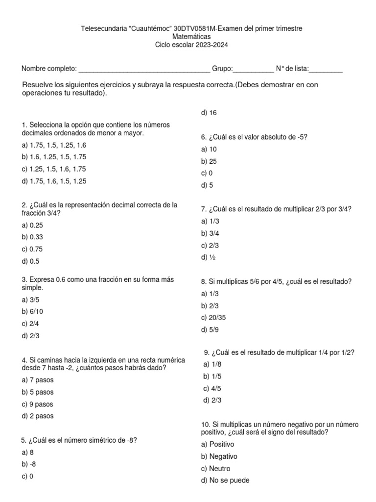 Test De Matemáticas | Exámenes de Matemáticas – ZVSP