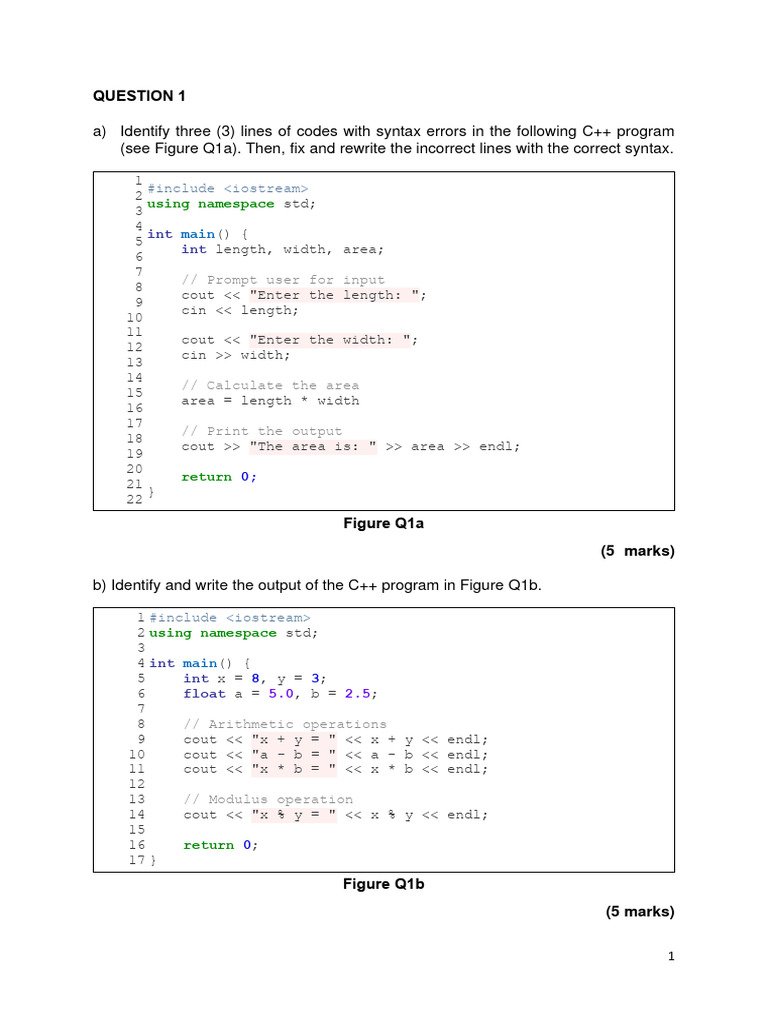 C++ Syntax Errors and Program Outputs | PDF | Namespace | Computer ...