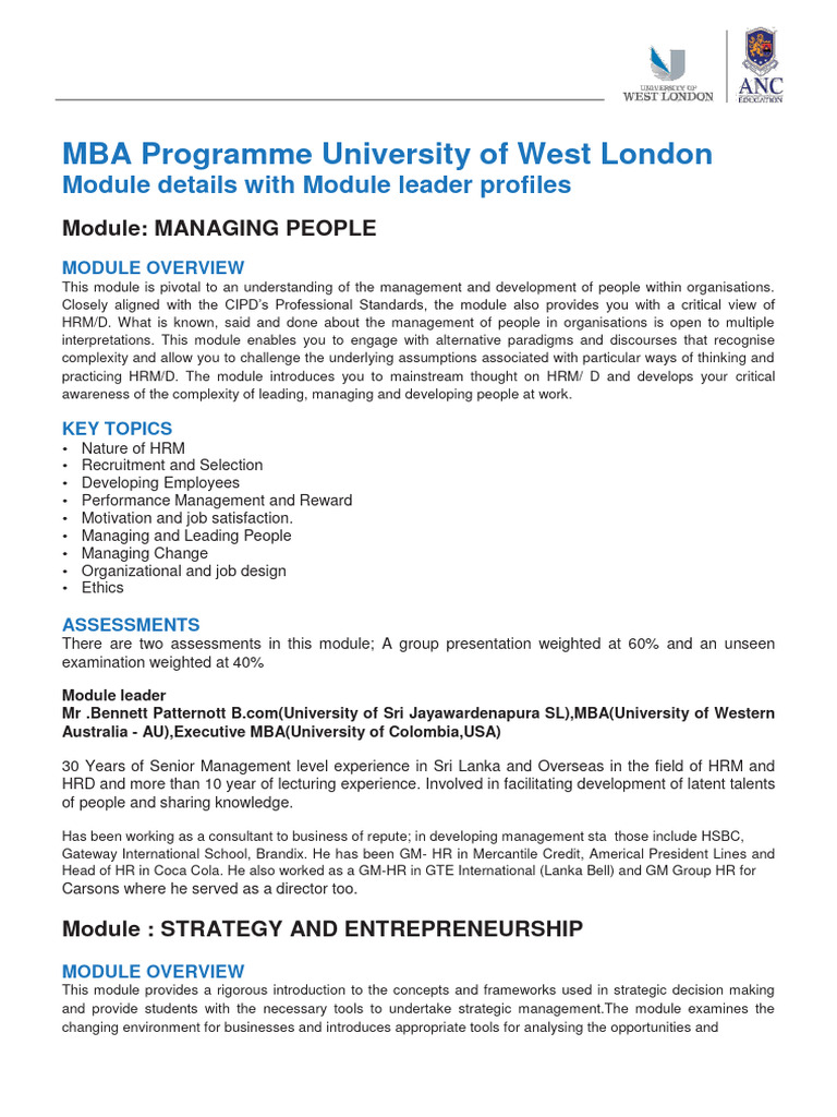 MBA Modules at University of West London | PDF | Strategic Management ...
