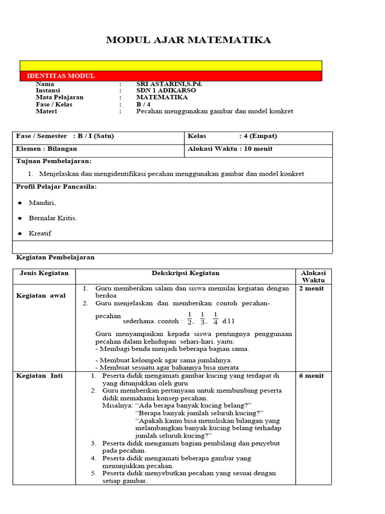 Modul Ajar Pecahan Kelas 4 SD | PDF