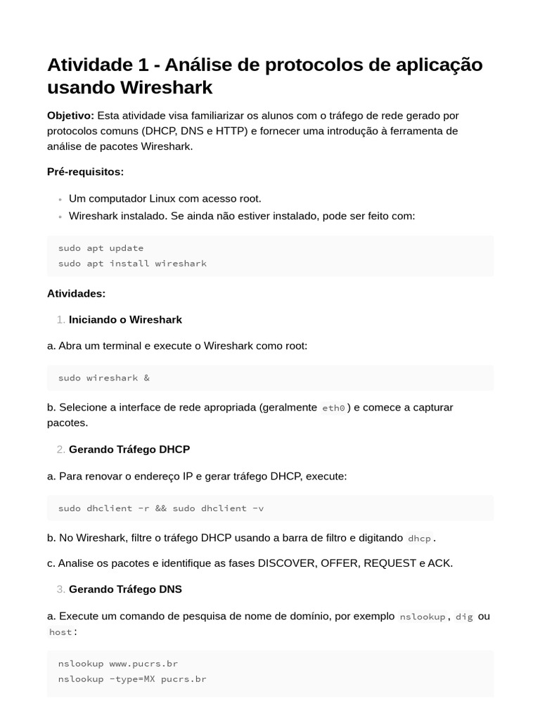 Atividade 1 - Análise de Protocolos de Aplicação Usando Wireshark | PDF ...
