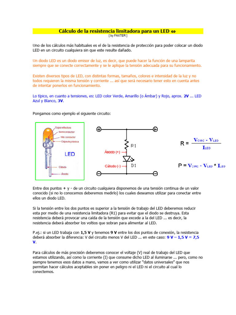 Cálculo de La Resistencia Limitadora Para Un LED | PDF | Diodo emisor ...