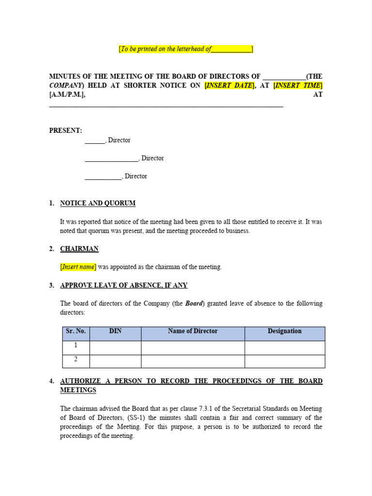 Board Minutes First Board Meeting Download Free Pdf Articles Of