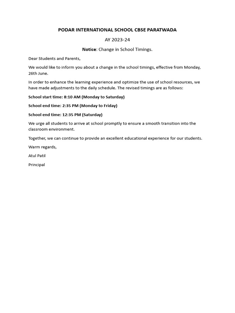 School Timing Change Notice 2023 | PDF | Career & Growth