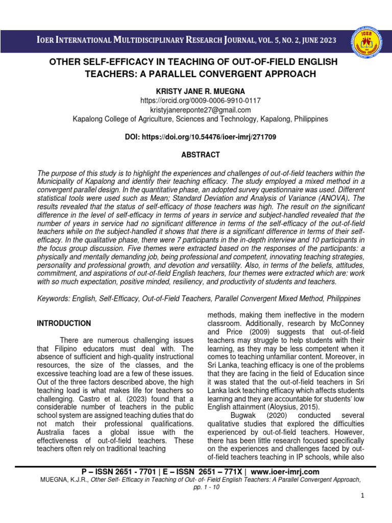 Other self efficacy in teaching of out of field english teachers