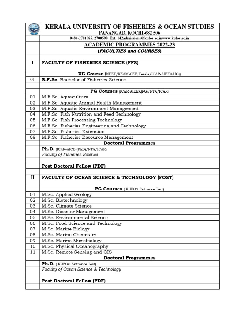 Kufos Faculties Courses 2022 23 PDF Marine Biology Qualifications