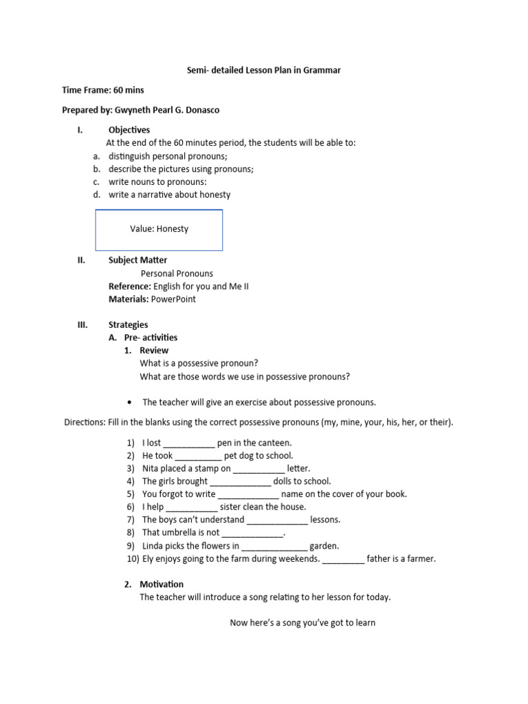 LESSON PLAN IN GRAMMAR | PDF | Pronoun | Language Mechanics