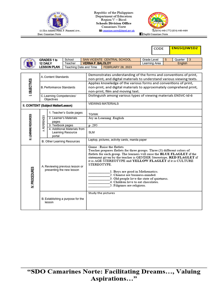ENGLISH 5Viewing Materials PDF Teachers Learning