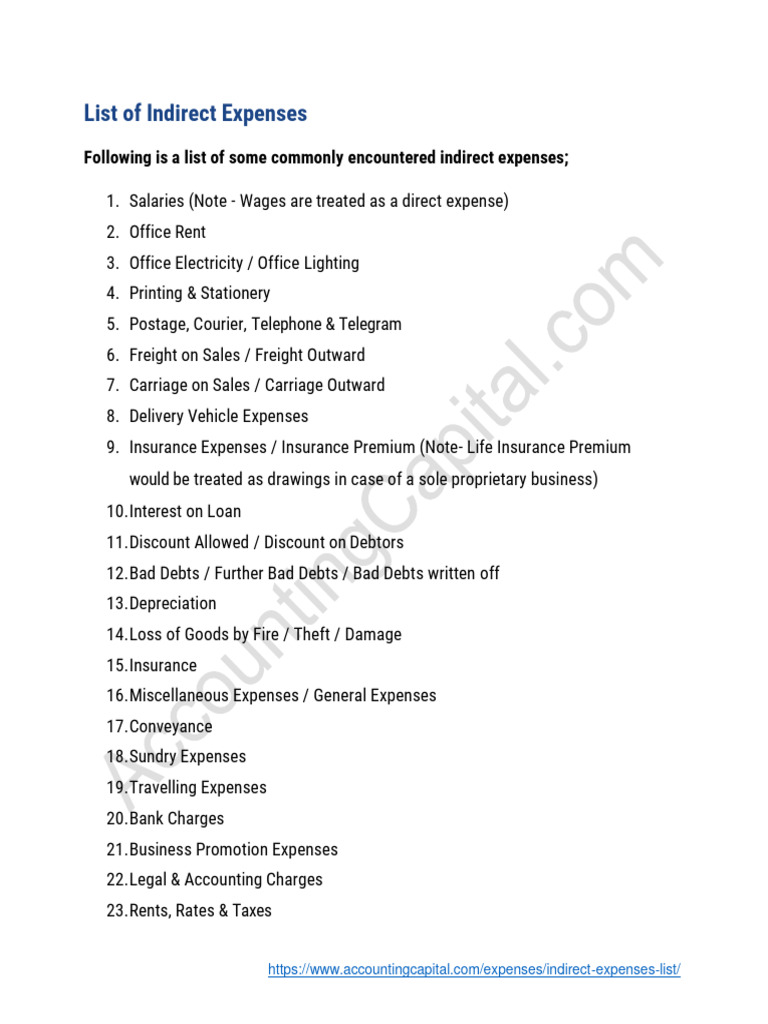 Indirect Expenses List In Excel