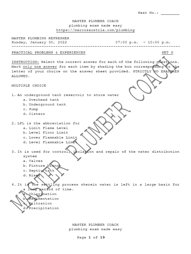 Master Plumber Exam Practice Questions | PDF | Plumbing | Sanitary Sewer