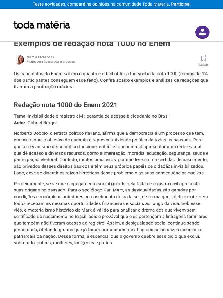 Exemplos de Redação Nota 1000 No Enem Com Comentários - Toda Matéria ...