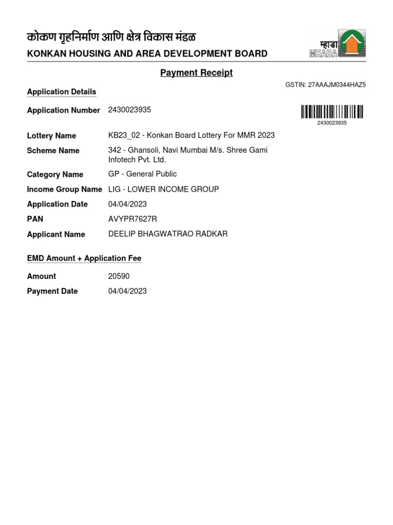 MHADA Lottery Payment Receipt 2023 | PDF | Law