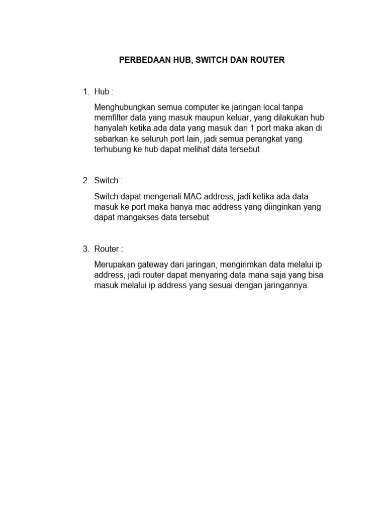 Perbedaan Hub, Switch, dan Router | PDF