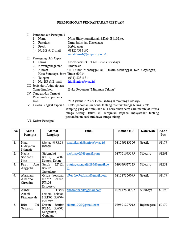 Surat Permohonan Hki Buku Telang PDF
