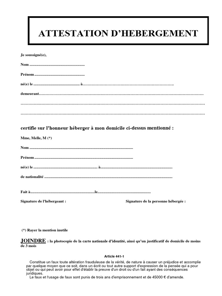 Attestation Hebergement PDF