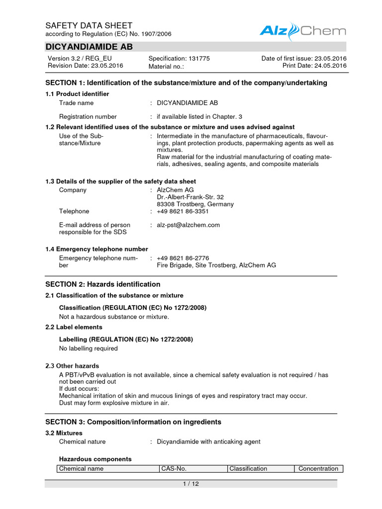 Dicyandiamide Safety Data Sheet | PDF | Toxicity | Chemistry