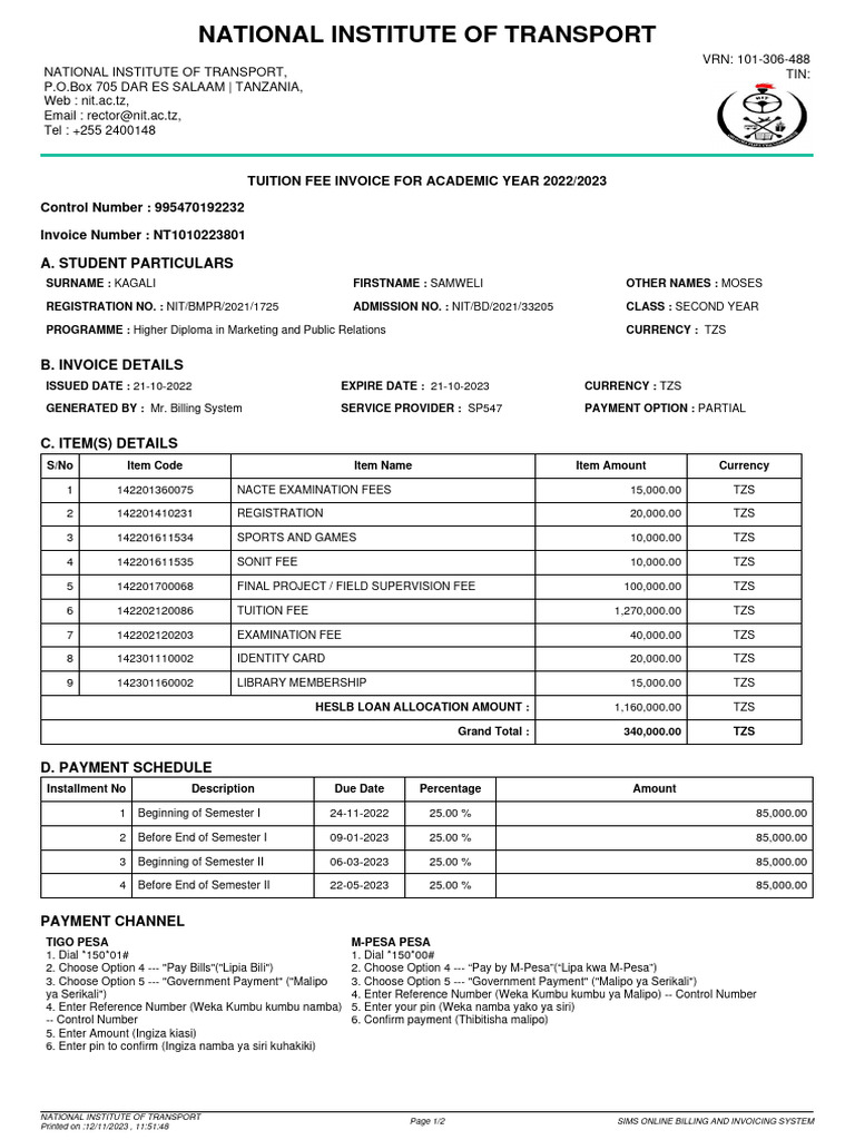 Tuition Fee Invoice | PDF | Economies | Business