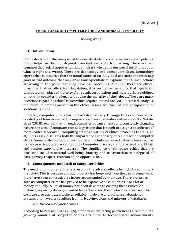 (HS 21201 Essay) Importance of Computer Ethics and Morality in Society PDF Morality Cybercrime