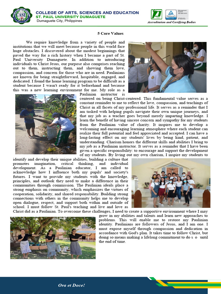 5 Core Values of St. Paul University | PDF | Learning | Teachers