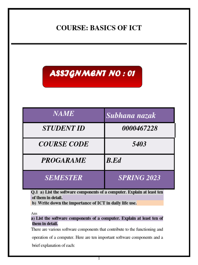 Assignment No: 01: Course: Basics of Ict | PDF | Assembly Language ...