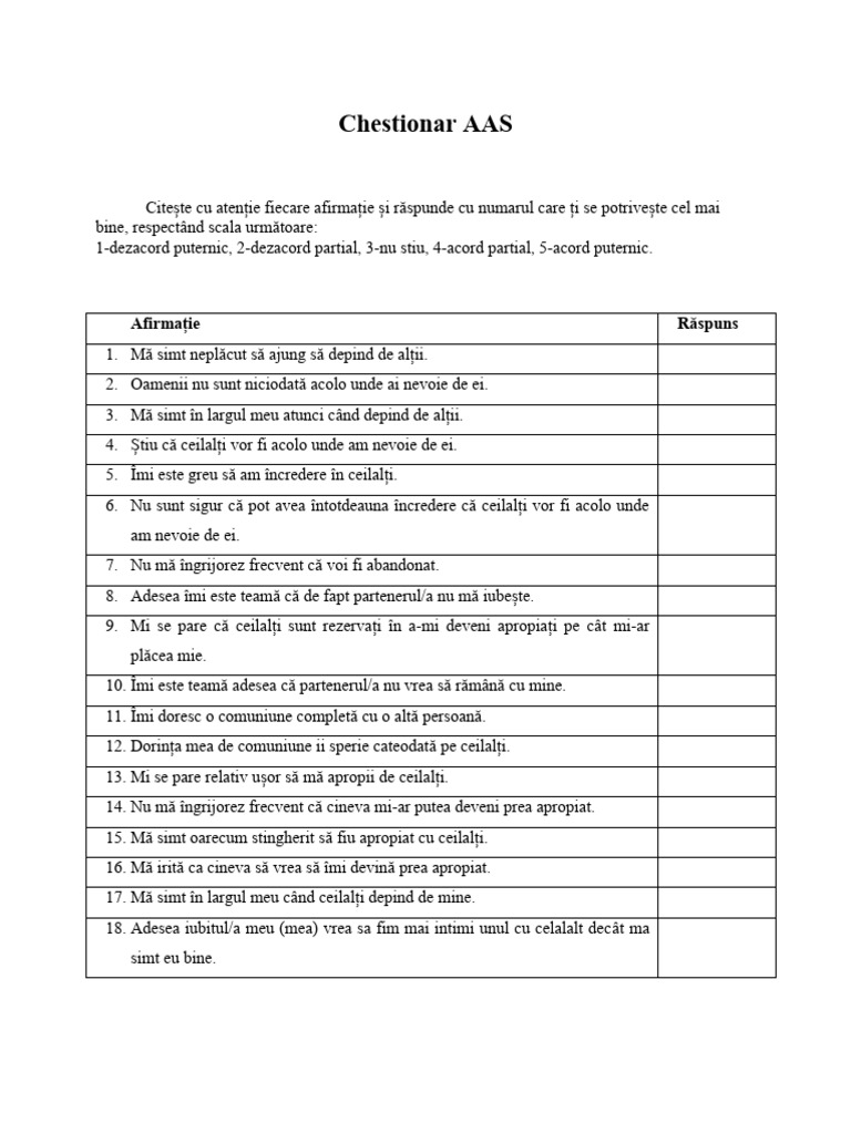 Chestionar AAS Adult Attachement Scale | PDF