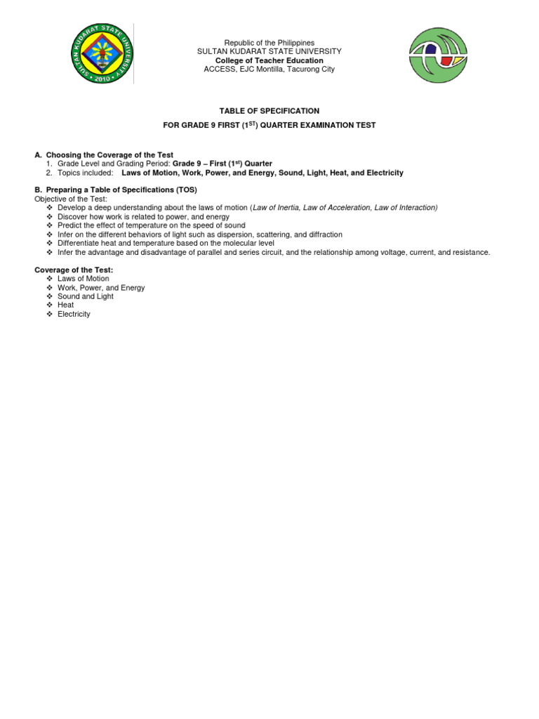 Table of Specification Final PDF Newton's Laws Of Motion Physics