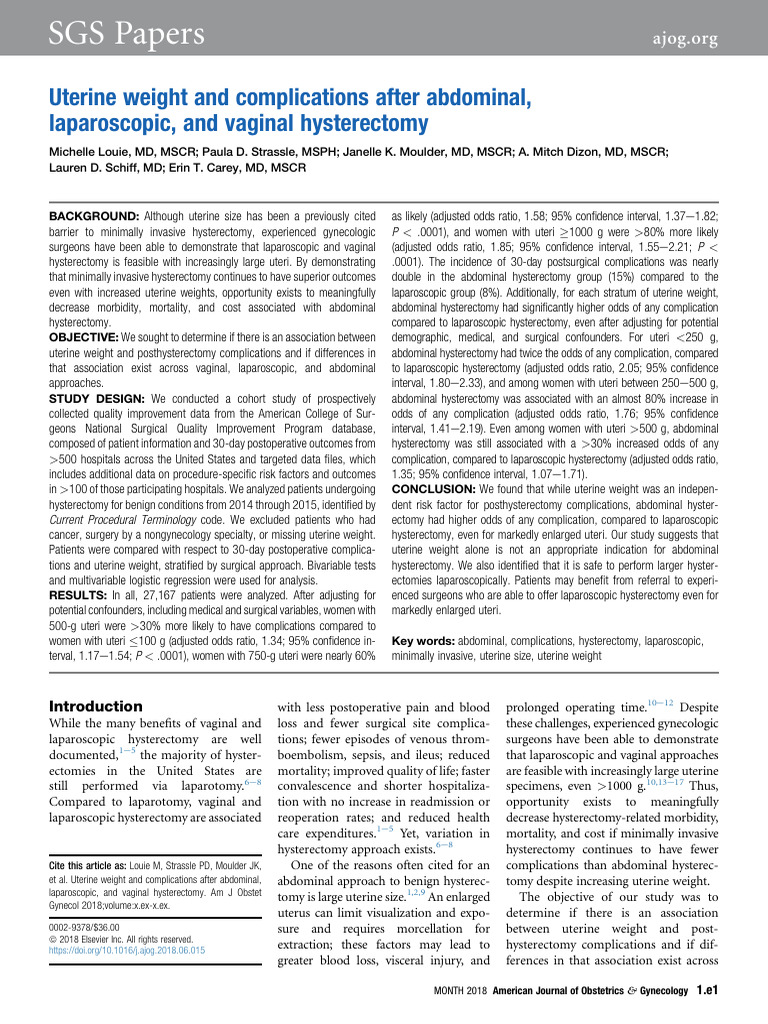 Uterine Weight and Complications After Abdominal, Laparoscopic, and