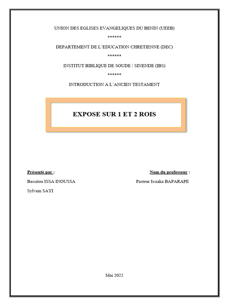 Exposé sur 1 et 2 Rois dans la Bible | PDF | Livres des Rois | Exil à ...