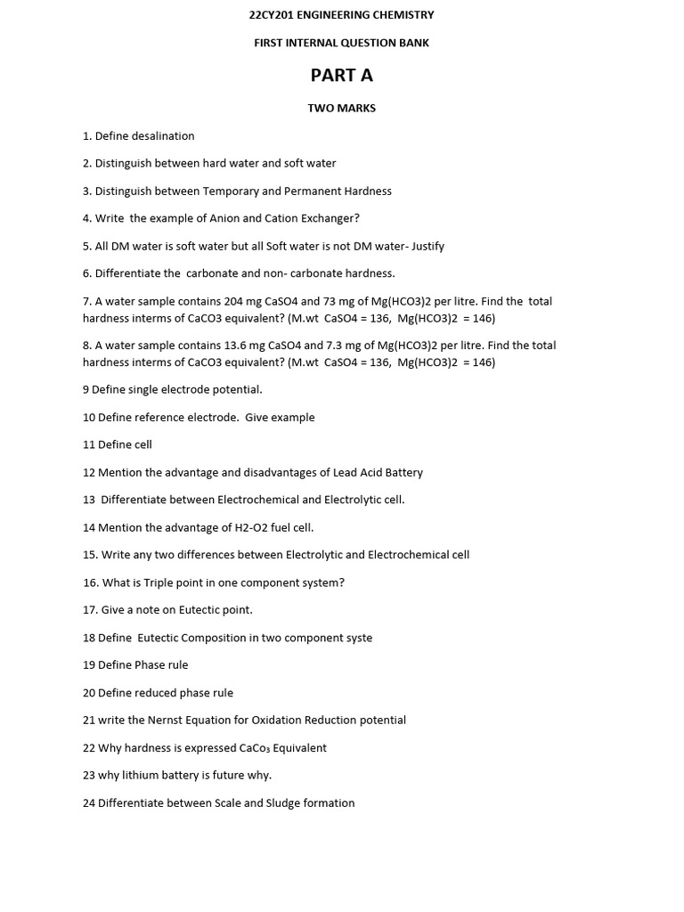 Engineering Chemistry Question Bank | PDF | Electrochemistry | Ion Exchange