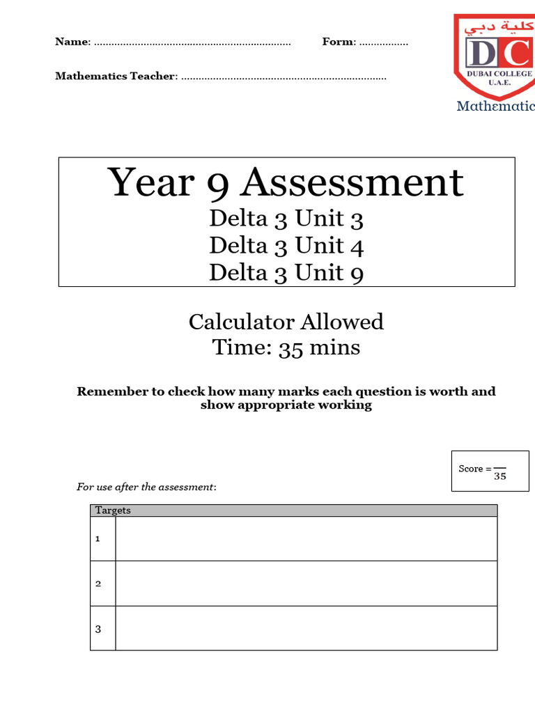 Year 9 Mathematics Assessment Paper | PDF