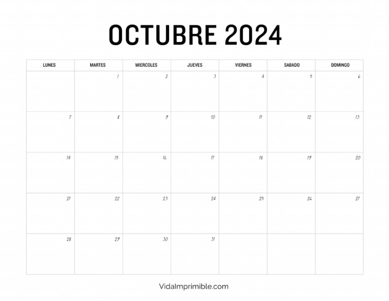 Calendario Imprimible Octubre 2024 PDF