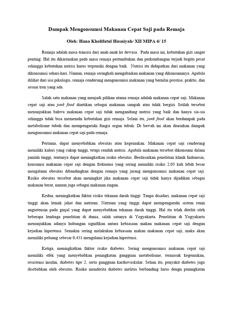 Dampak Mengonsumsi Makanan Cepat Saji Pada Remaja | PDF